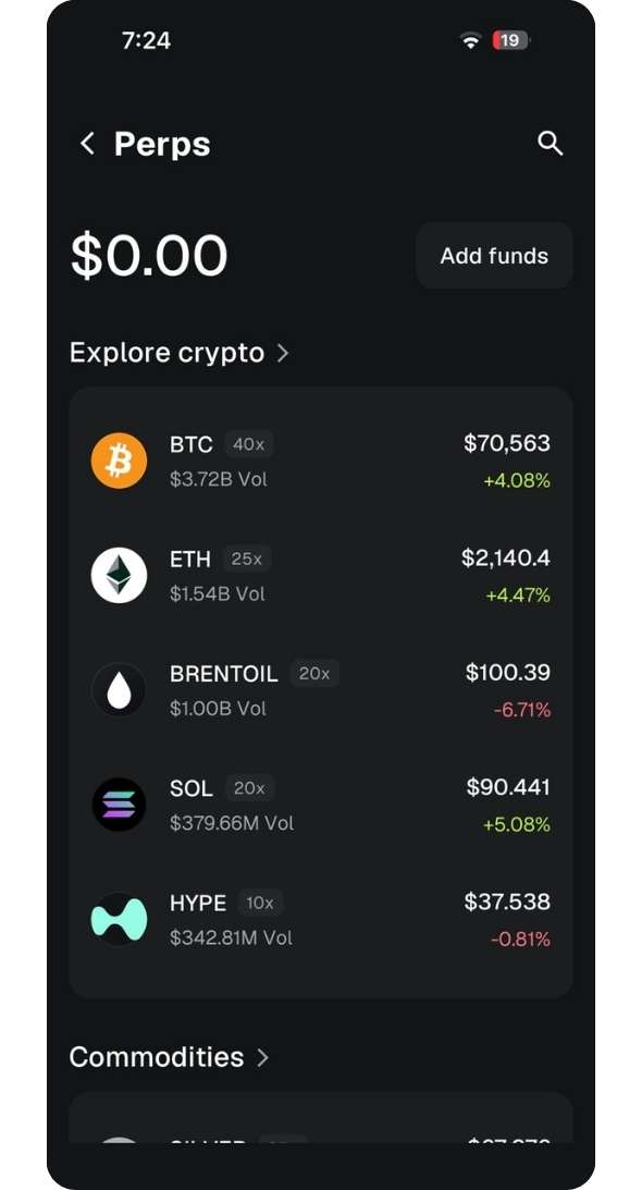 MetaMask Perp Trading interface