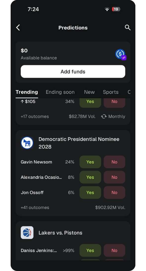 MetaMask Predictions Markets interface