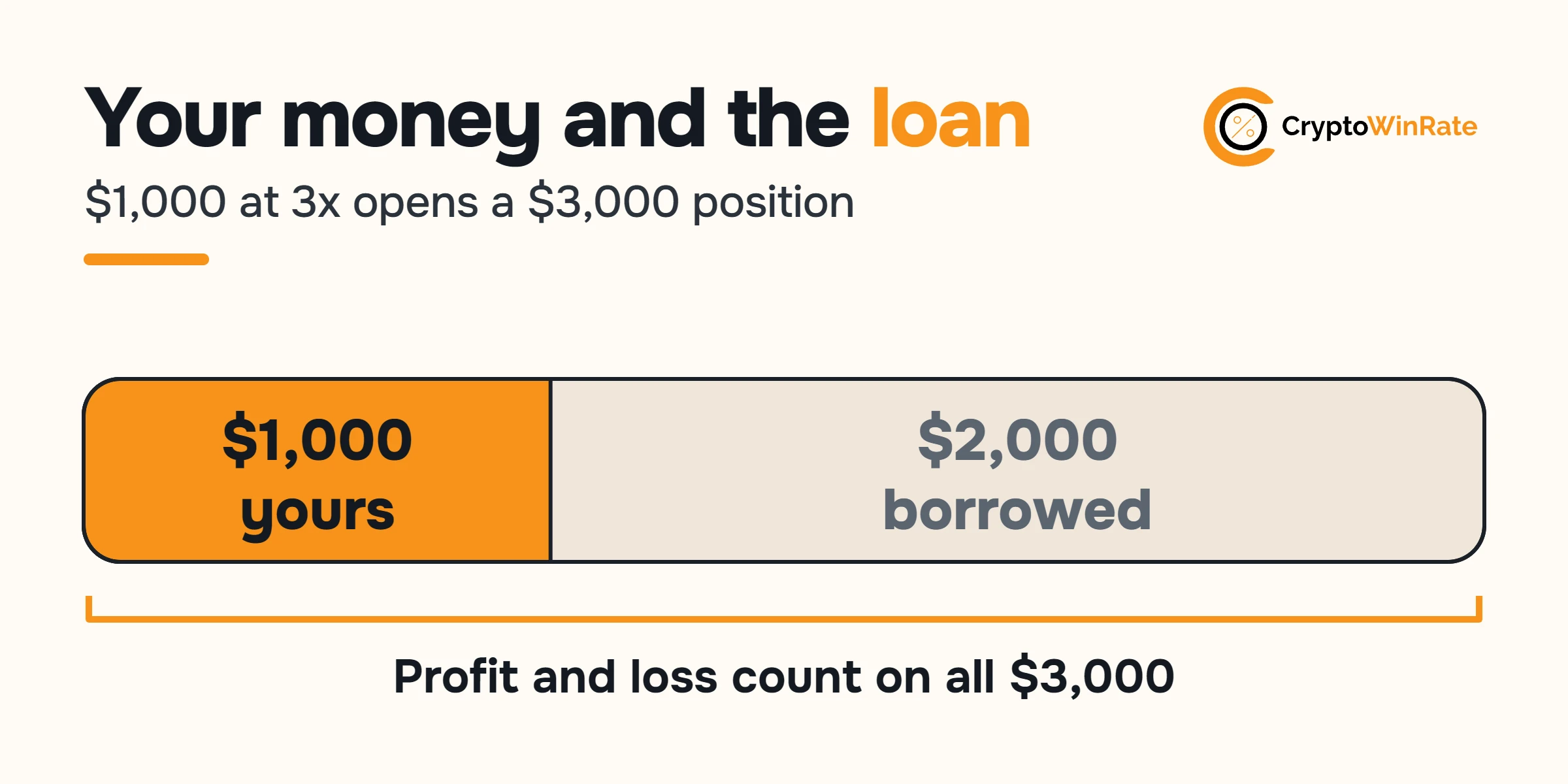 One bar split into $1,000 of your own money and $2,000 borrowed, with profit and loss counted on all $3,000.