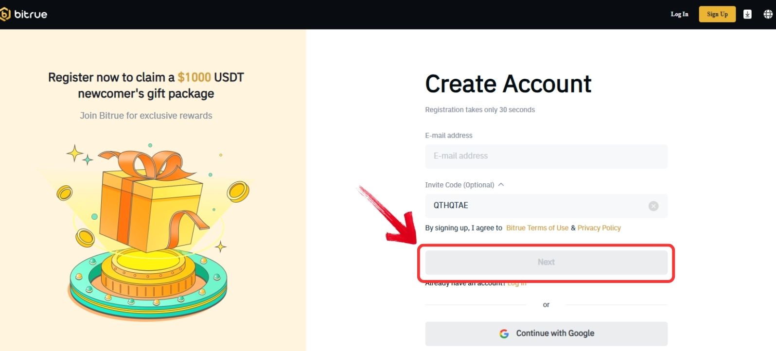 Create an account on Bitrue
