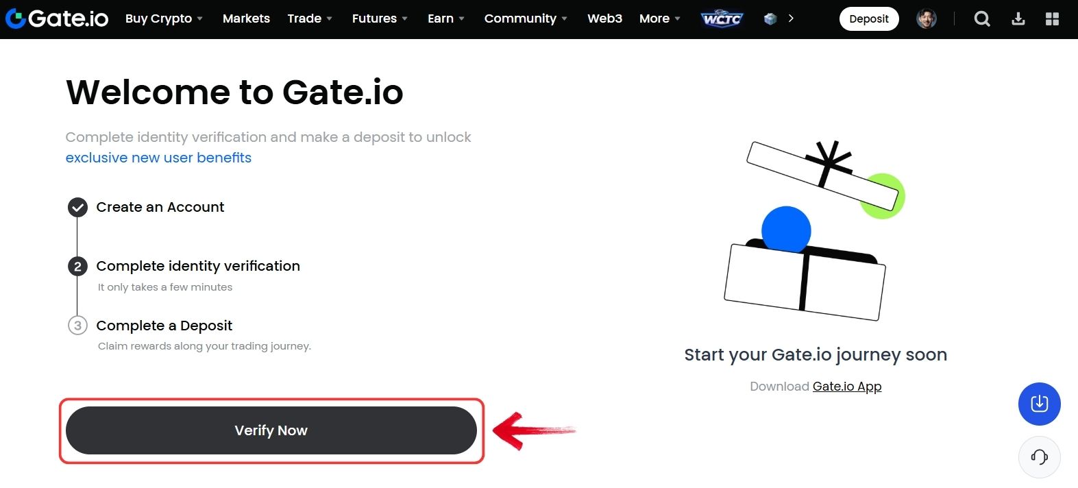 Gate.io Verify Now Screen