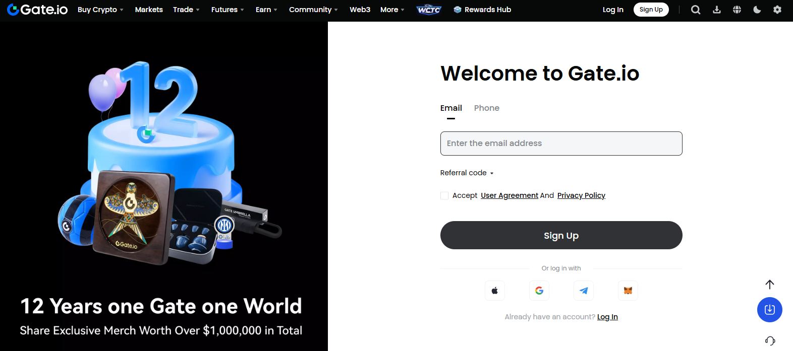 Gate.io enter email credentials