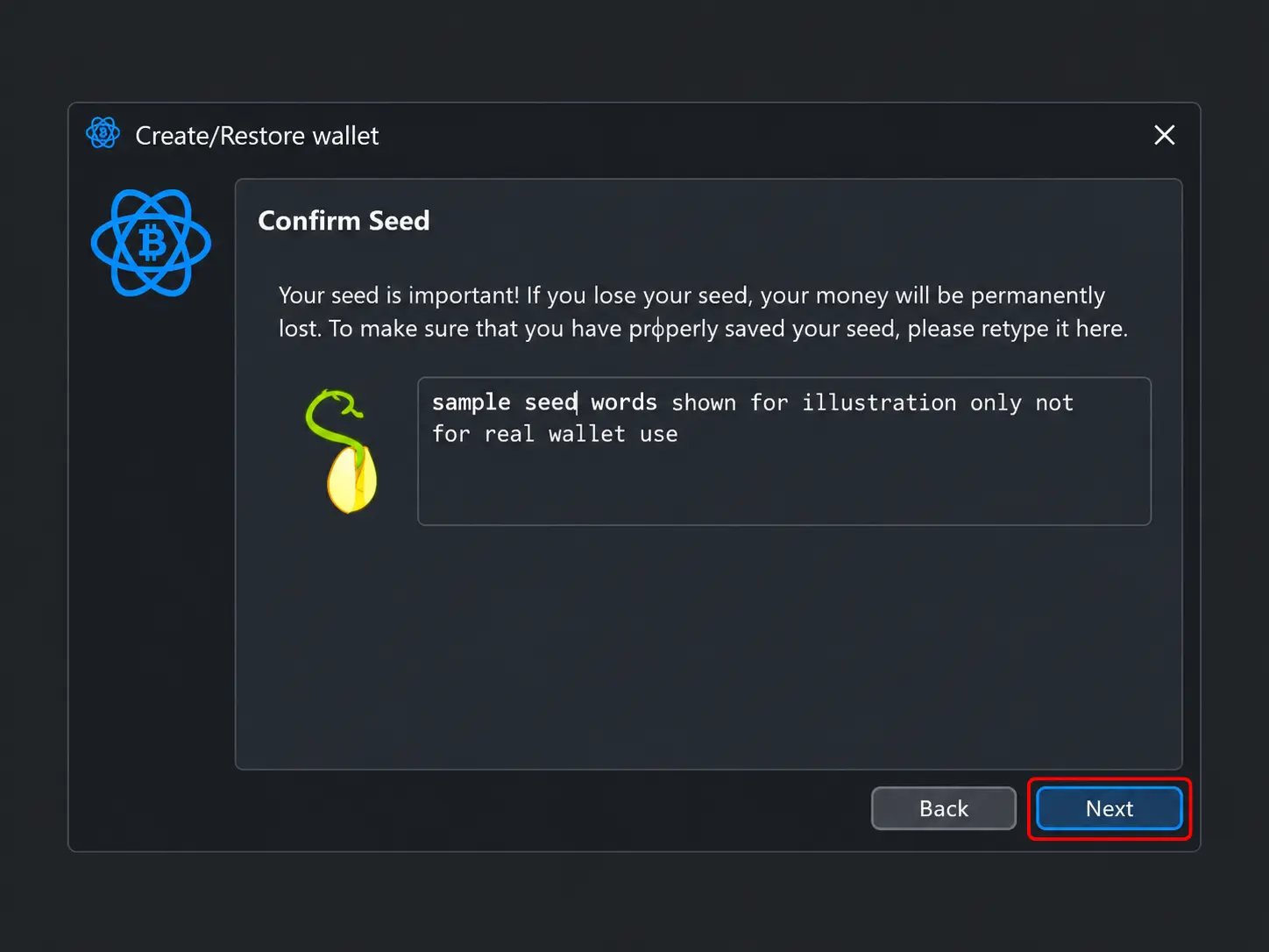 Confirm seed phrase on Electrum wallet