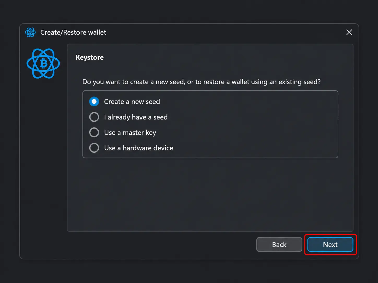 Create new seed for Electrum wallet