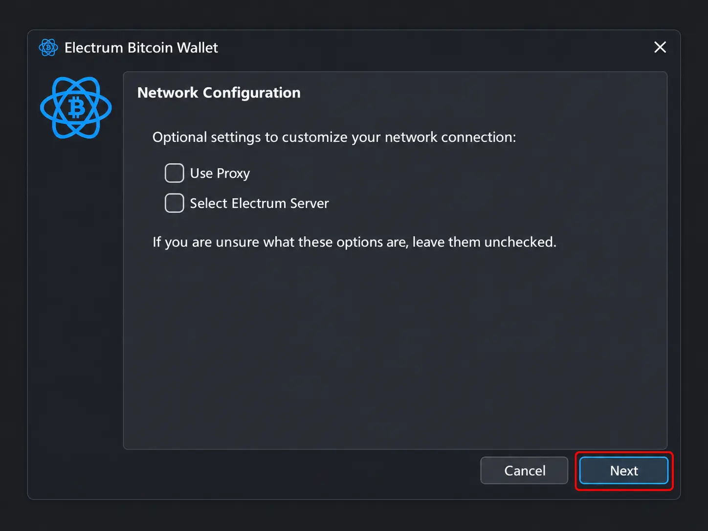 Electrum Wallet network configuration