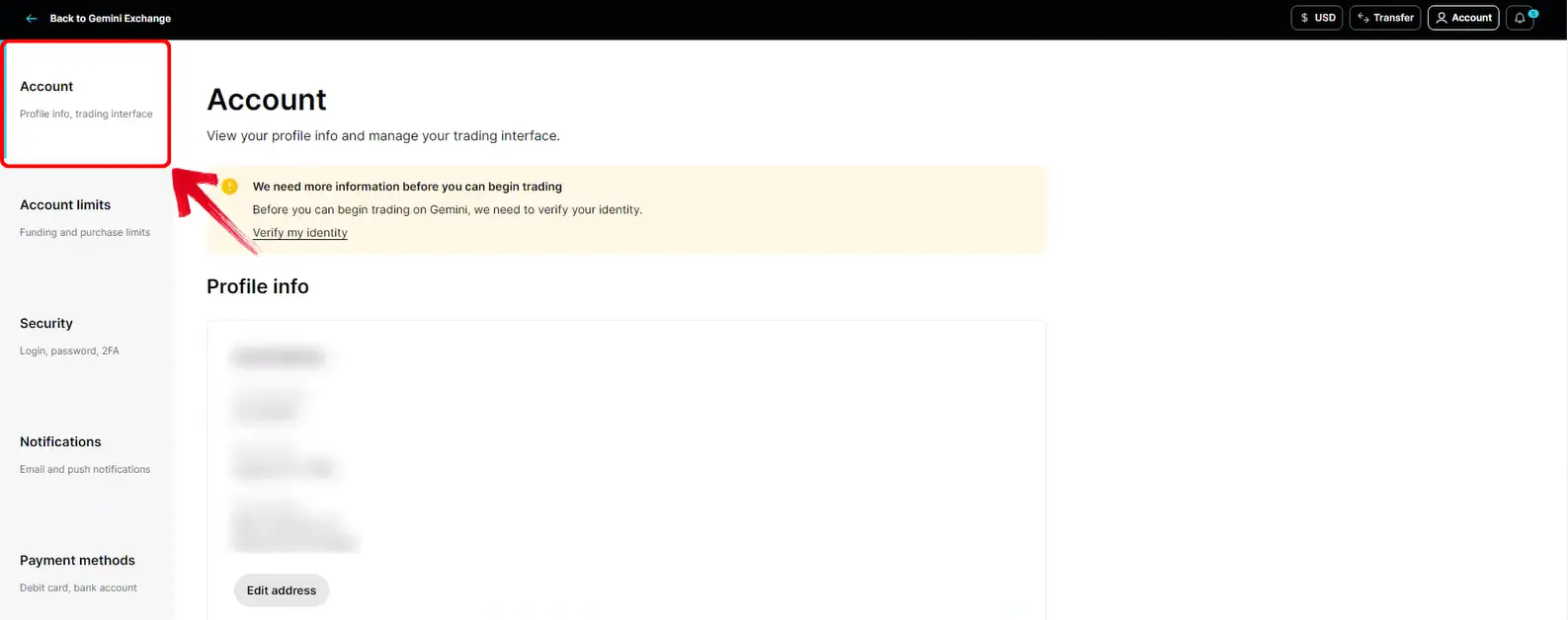 Gemini web account profile settings