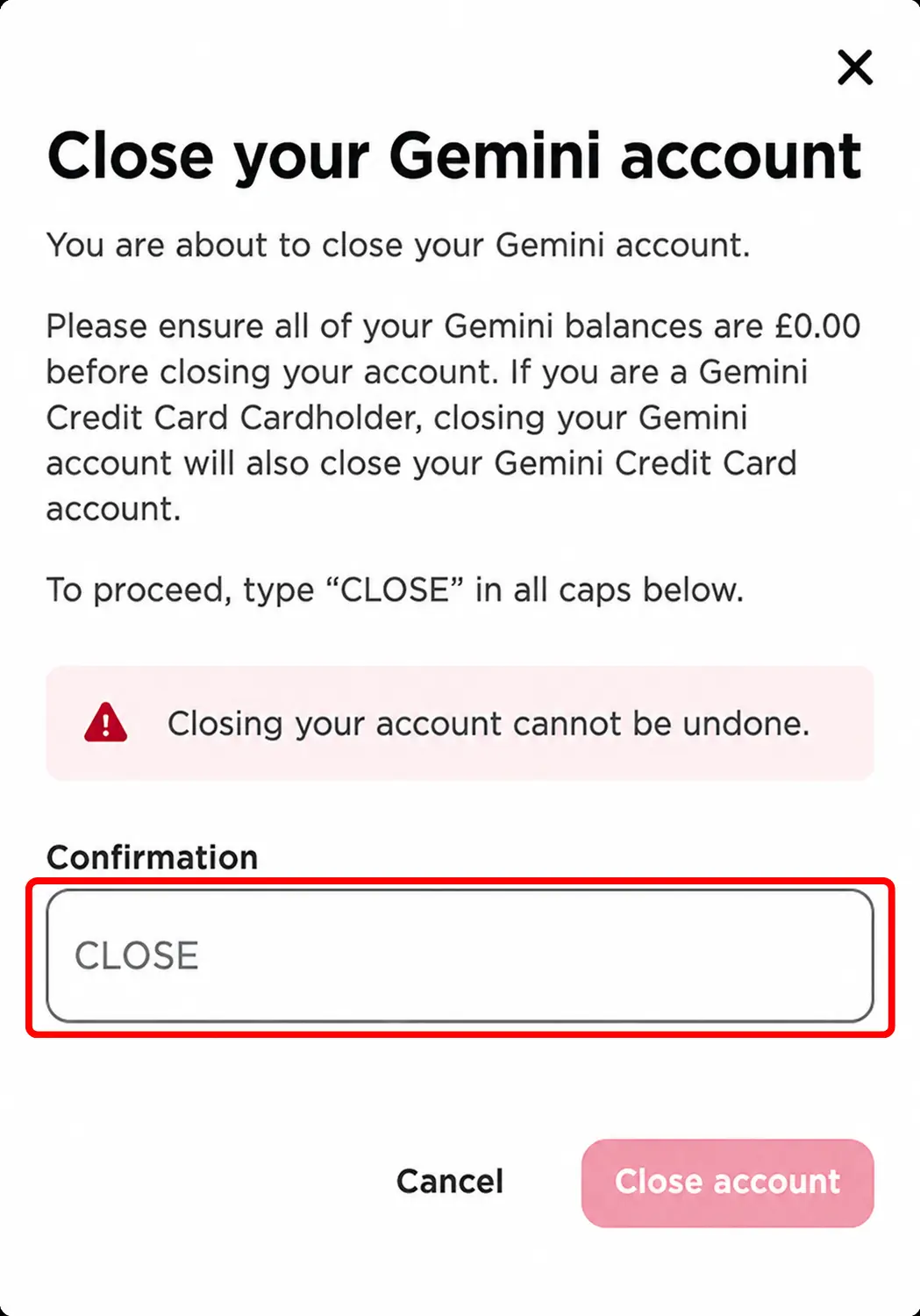 Gemini web close account