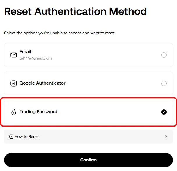 KuCoin reset authentication method screen
