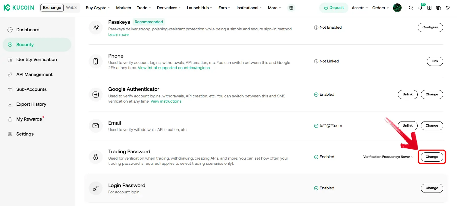 KuCoin trading password security option