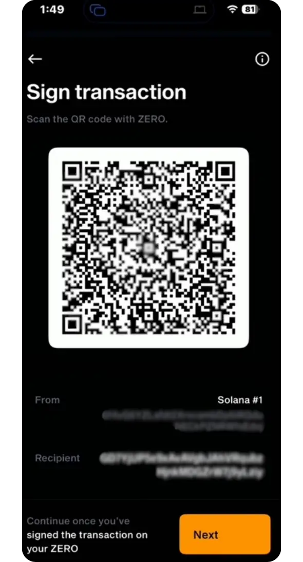 Scan QR code to sign transaction on ZERO Wallet