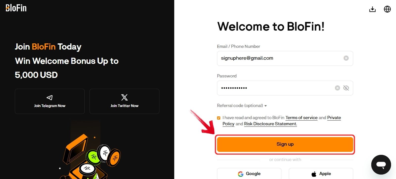 Create BloFin account