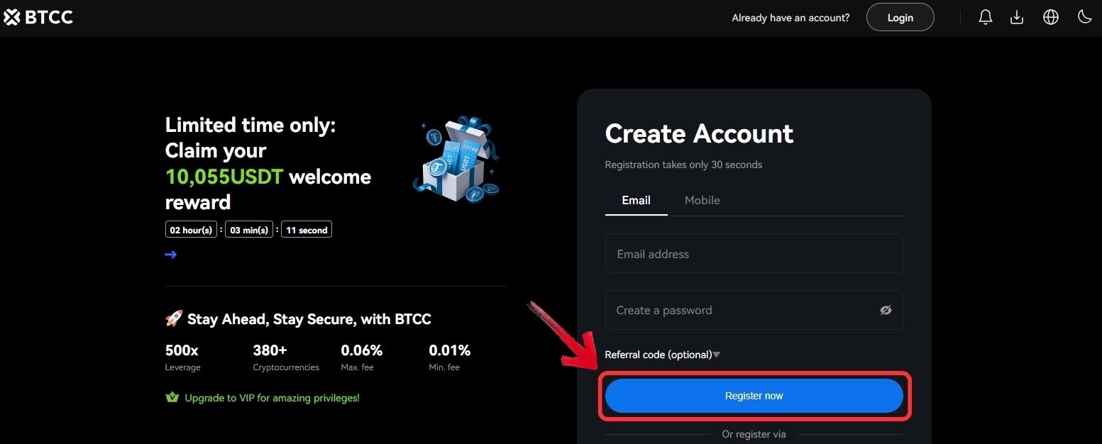 Create a new BTCC account