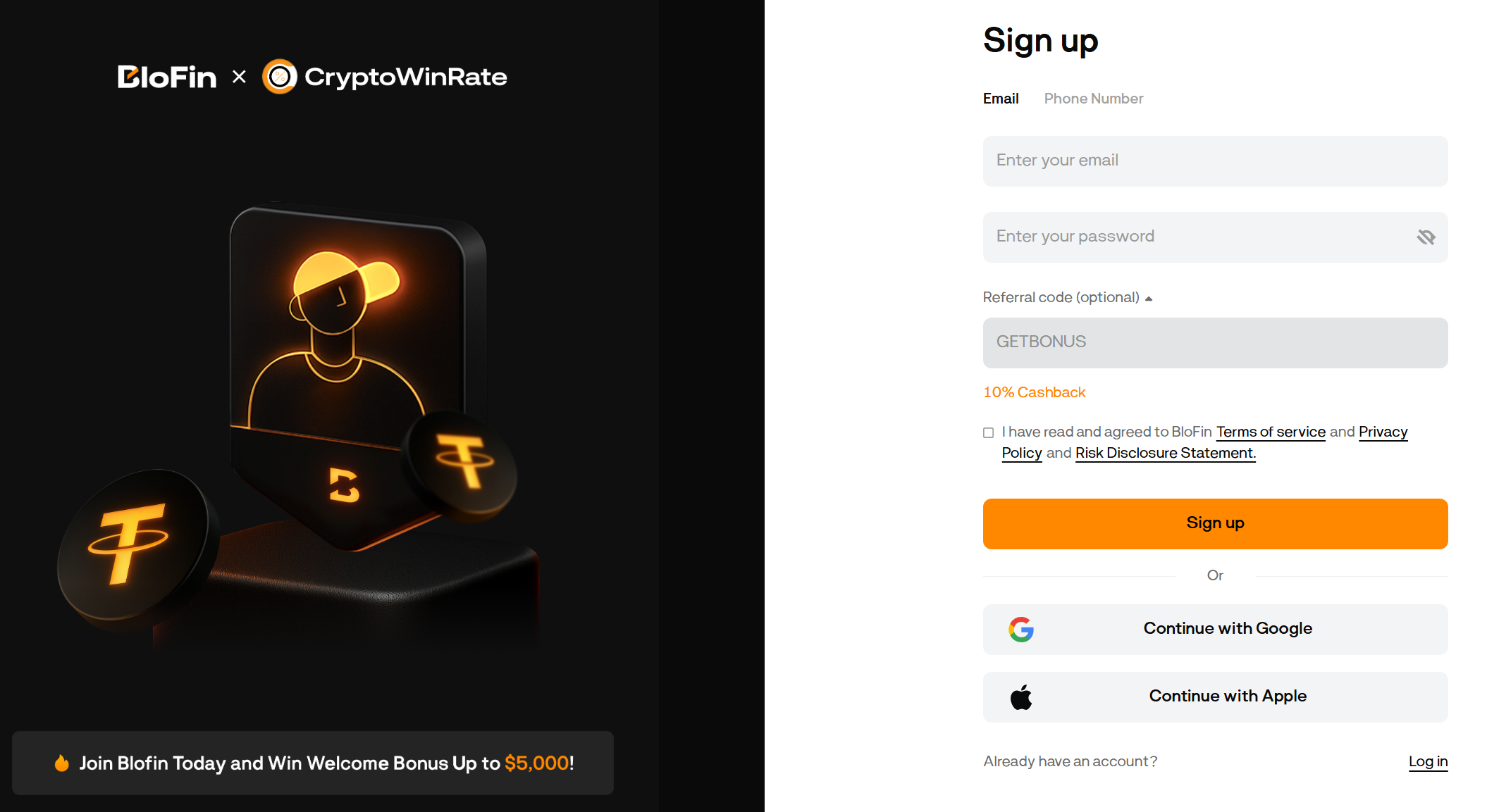 BloFin sign-up page with the referral code field