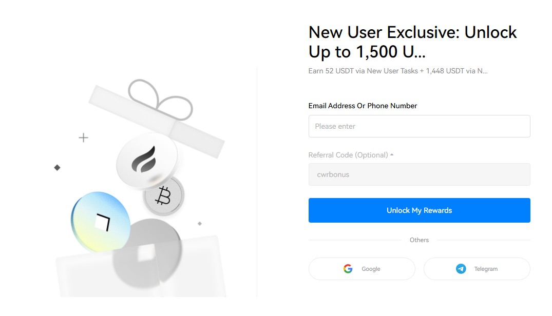 HTX sign-up page with the referral code field and the 1,500 USDT new-user offer