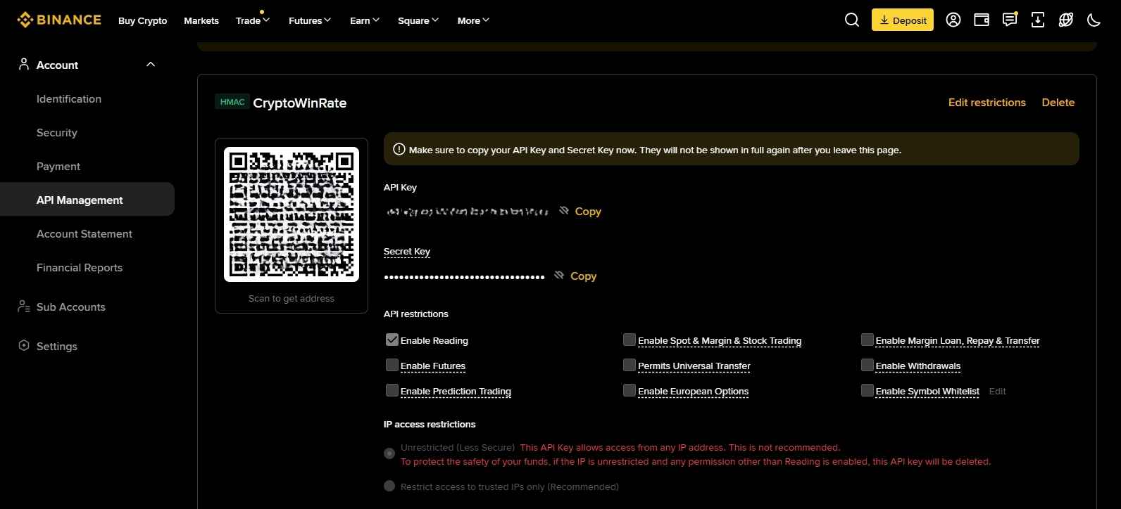 Binance API keys