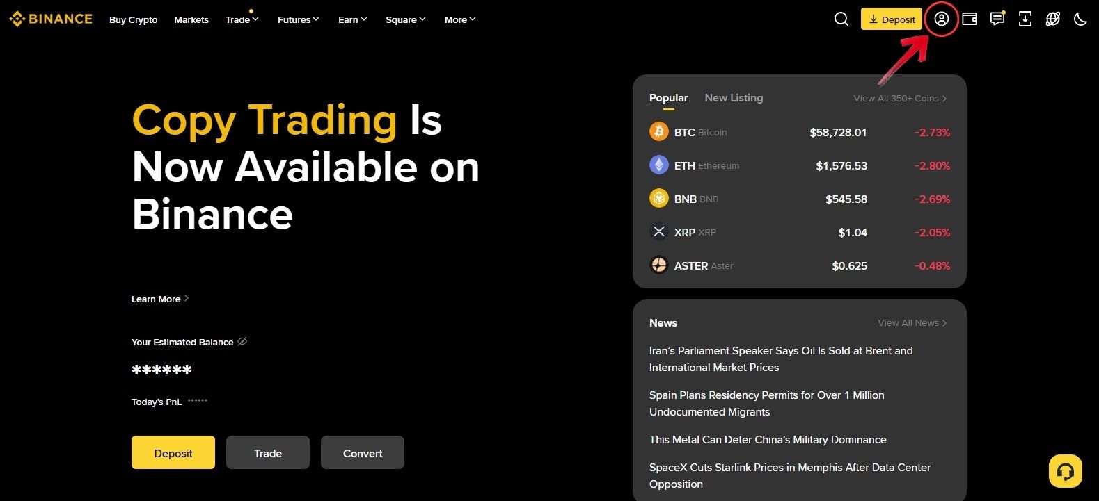 Binance Account option