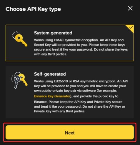Choose Binance API key type