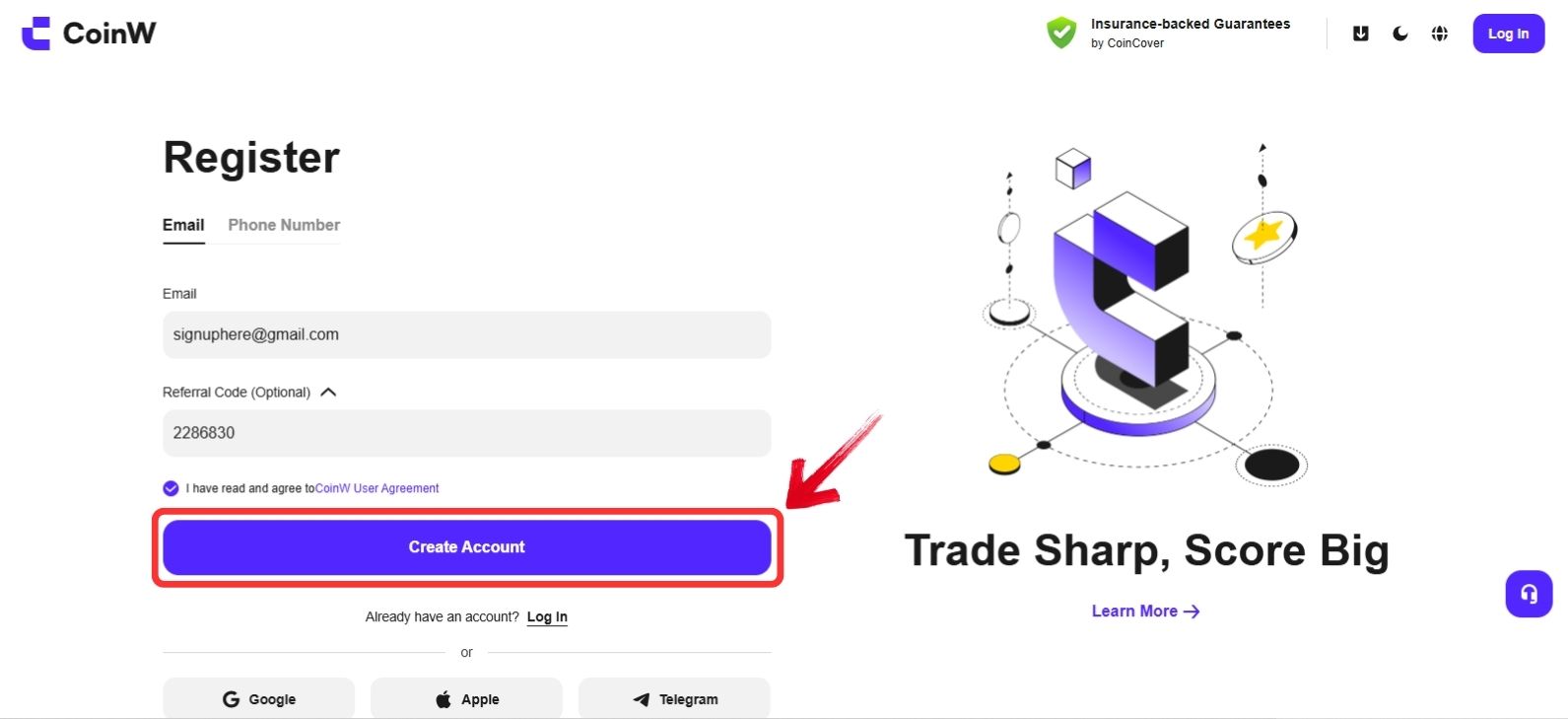 Create a new account on CoinW
