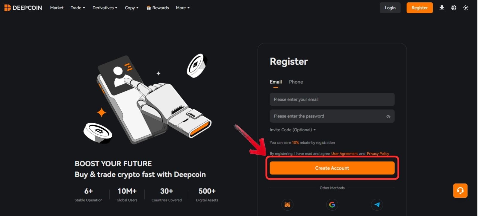 Create account on Deepcoin