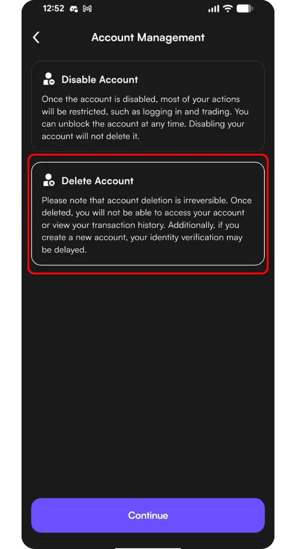 CoinW Delete account option