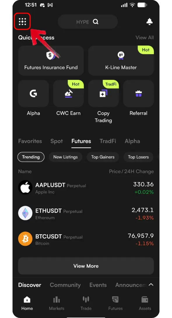 CoinW More menu