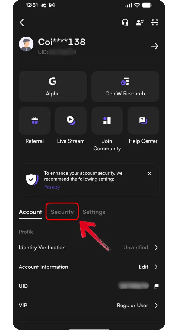 CoinW Security tab