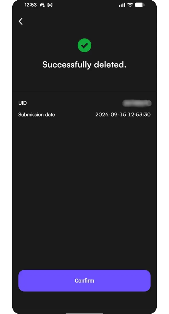CoinW account deletion successful notification