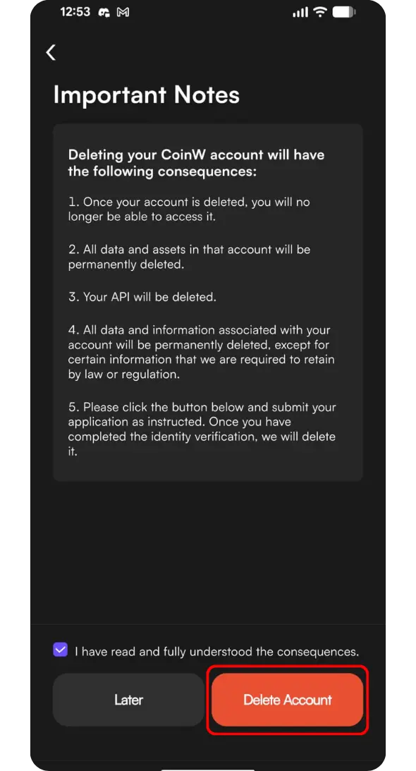 CoinW important notes before account deletion