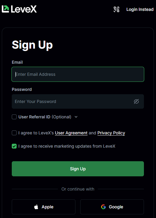 Create an account on LeveX