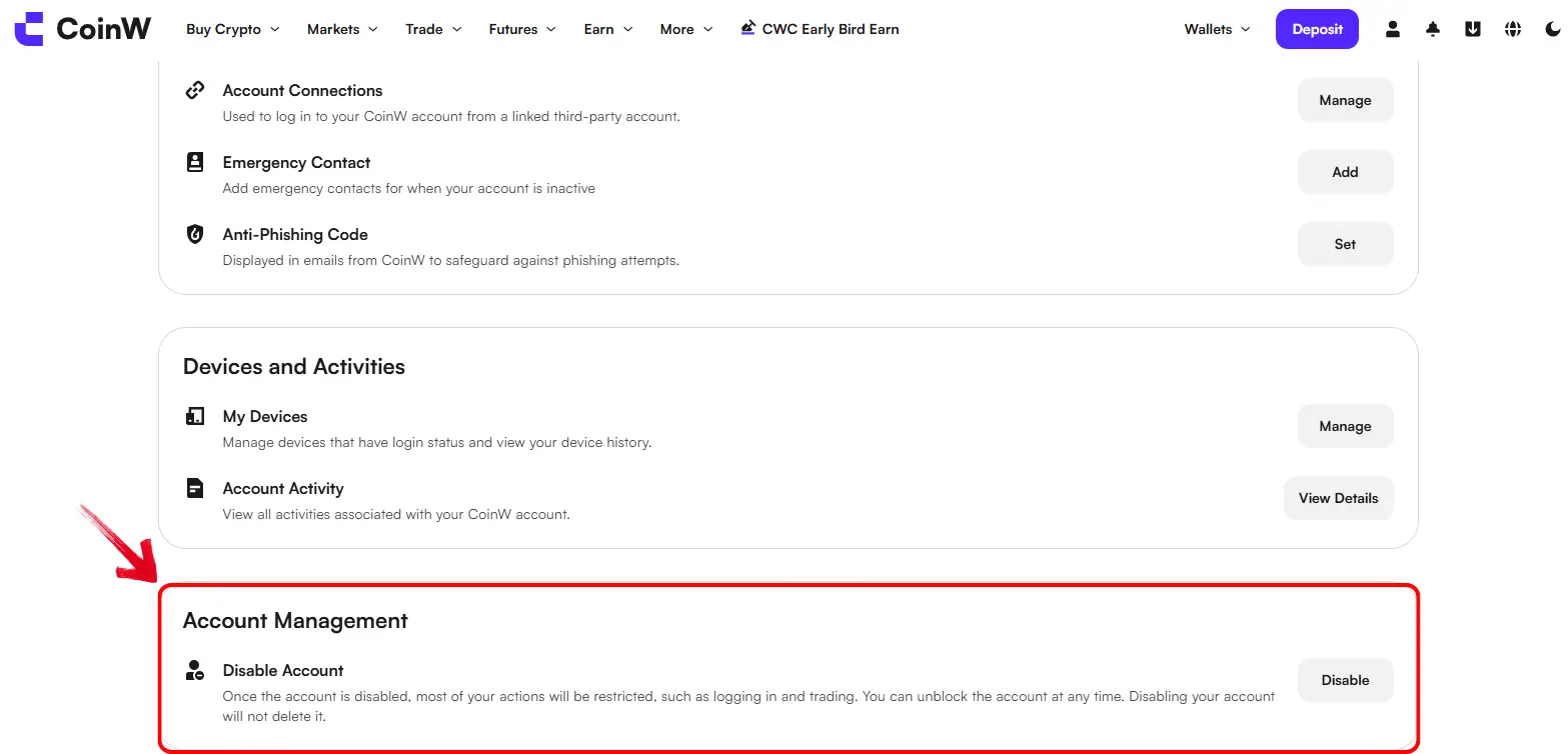 Disable CoinW account on Web