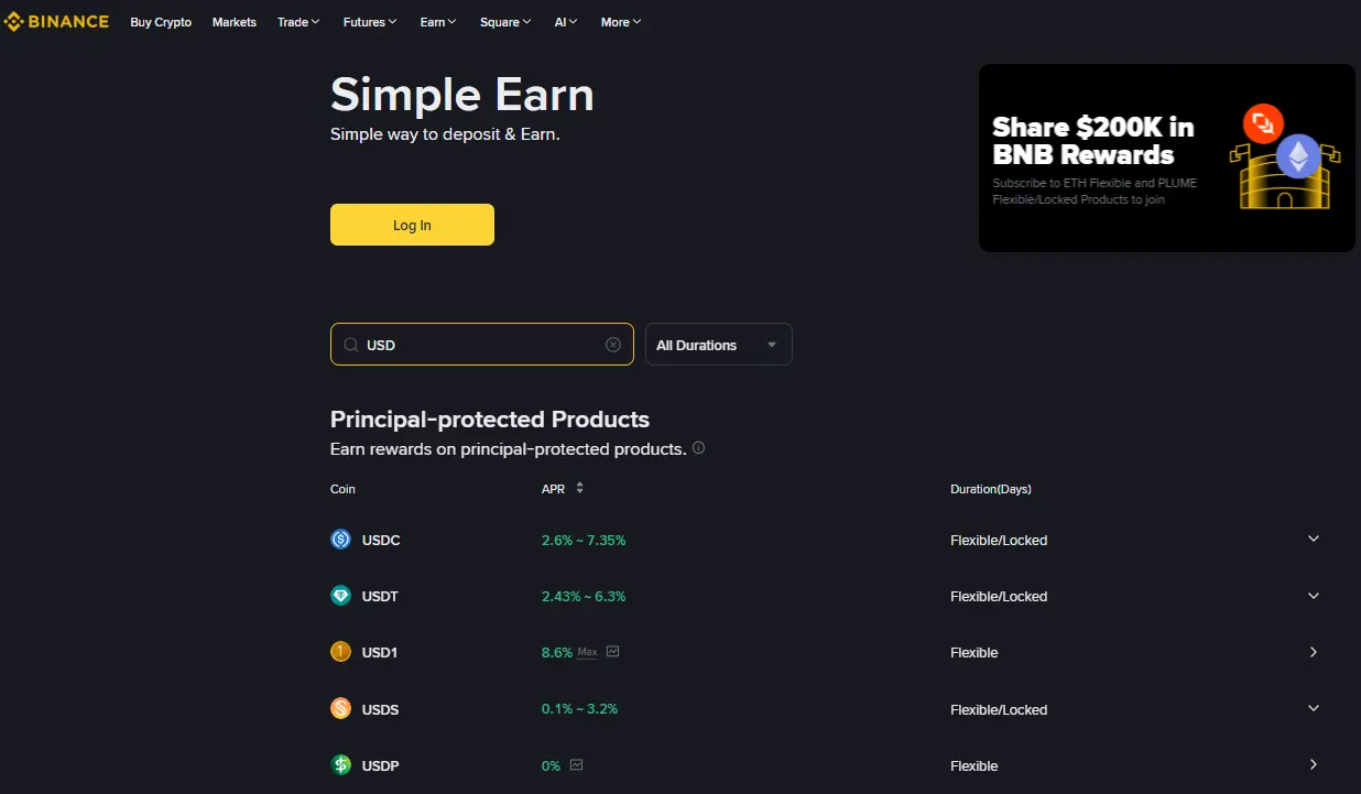 Binance earn platform USD products