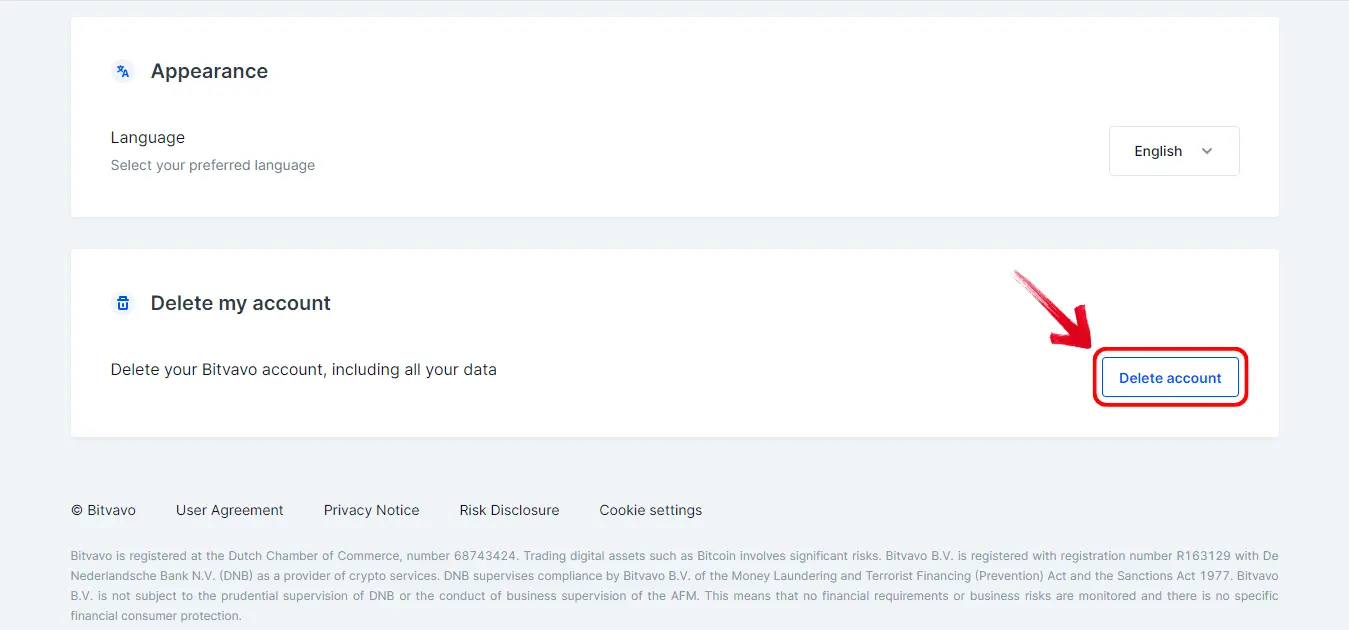 Bitvavo delete account option