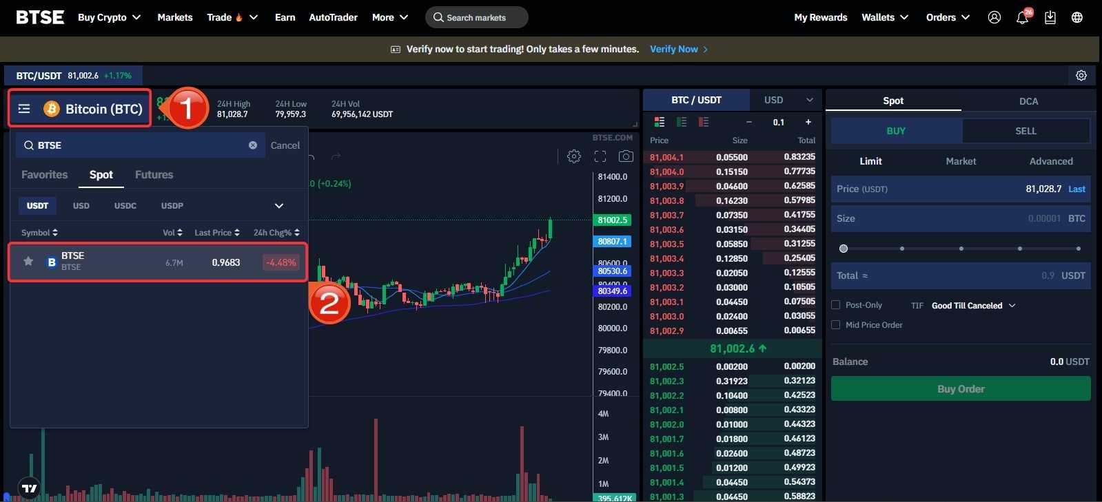 Select the BTSE USDT spot trading pair