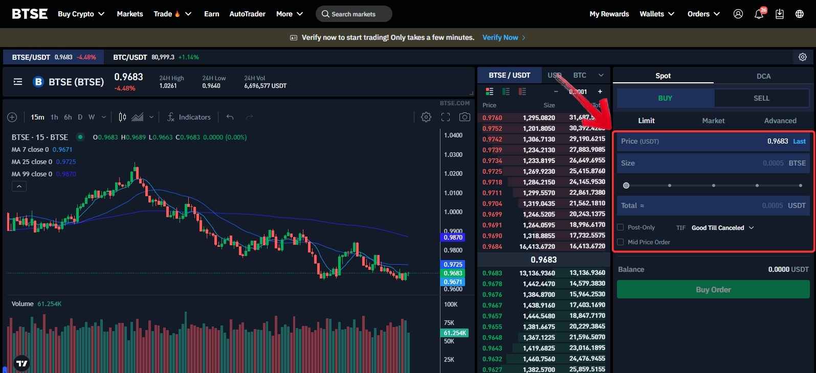 Enter the BTSE token purchase amount