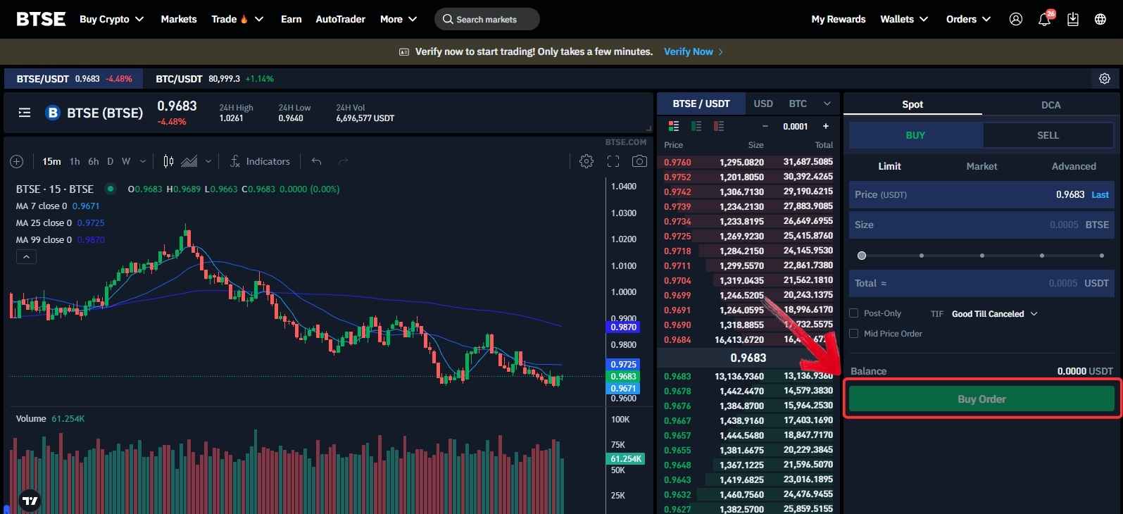 Submit the BTSE token buy order