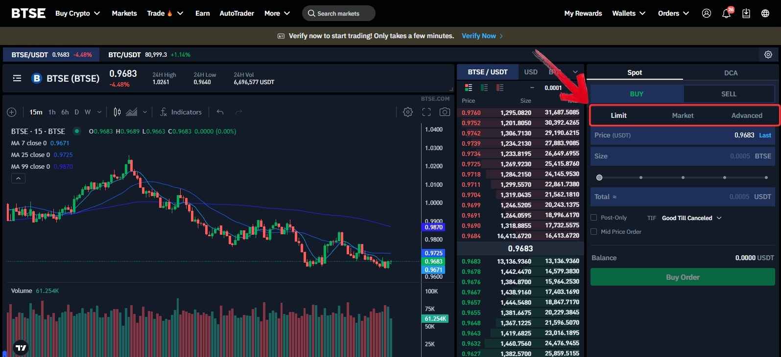 Select the BTSE token order type