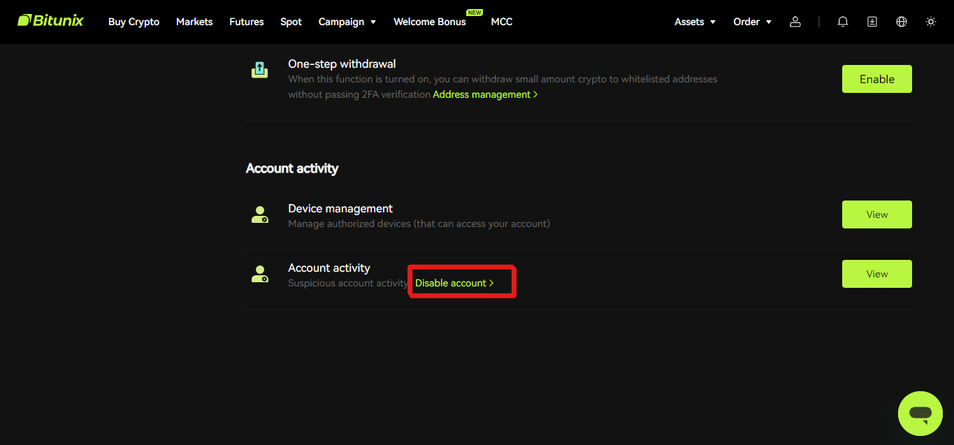 Step 5: Click on Disable Account