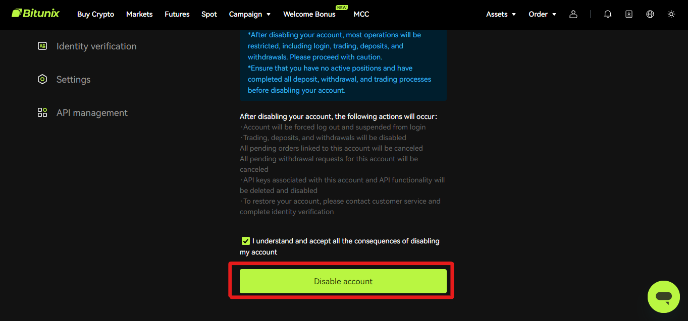 Step 7: Hit Disable Account Button