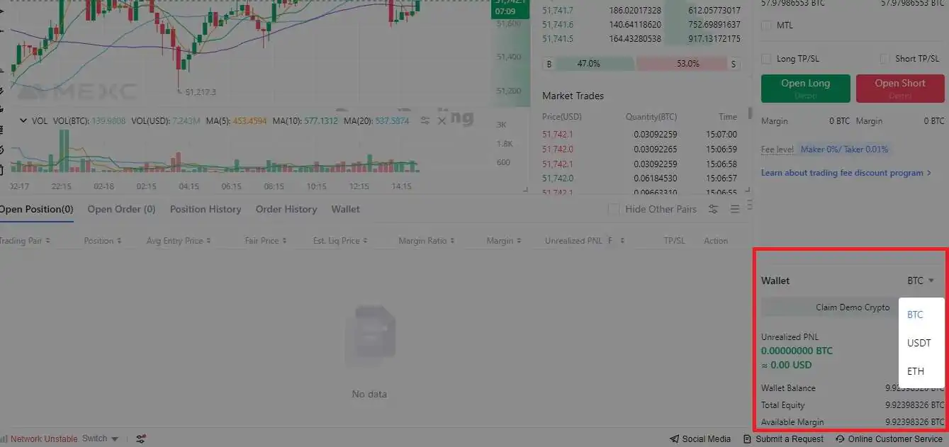 MEXC demo trading: Claim virtual funds