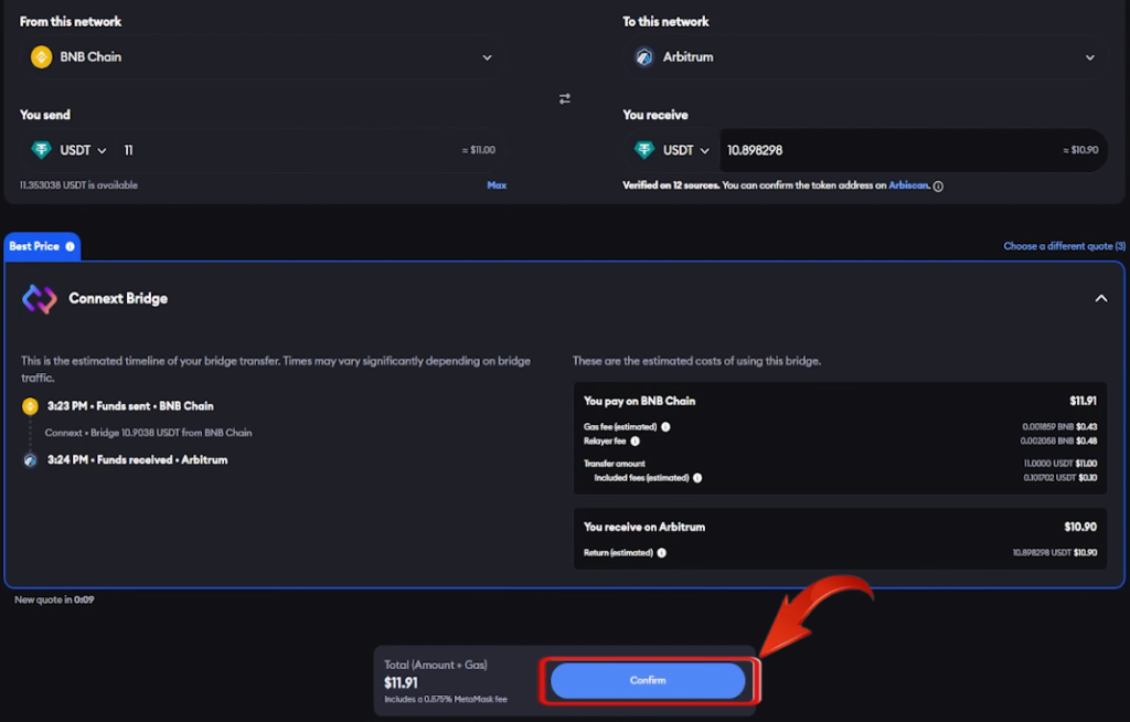 MetaMask confirm bridge option