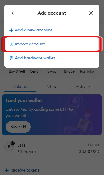 Import account option in MetaMask Extension