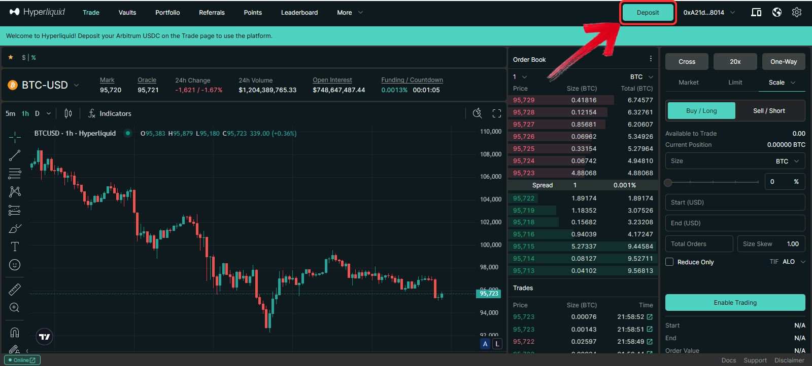 Deposit button on Hyperliquid