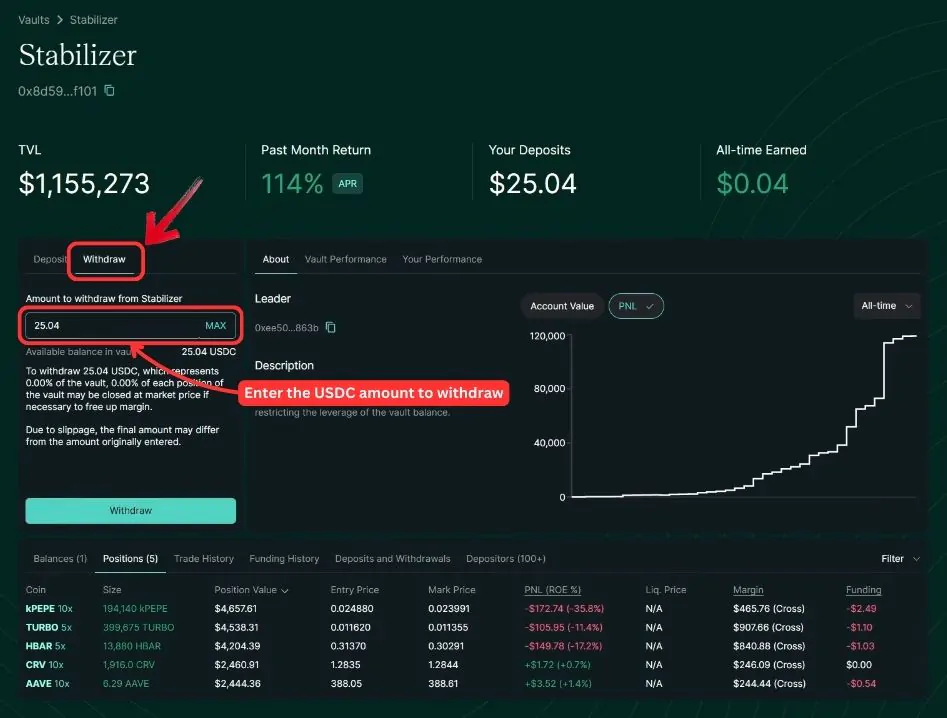 Hyperliquid User Vault Withdraw tab