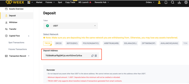 WEEX deposits