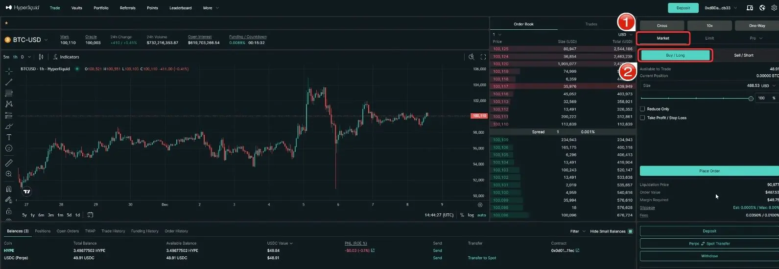 Hyperliquid Open long position