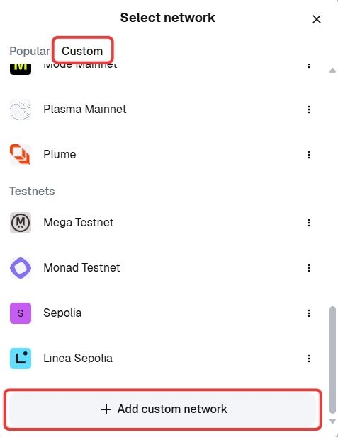 Add custom network option in MetaMask