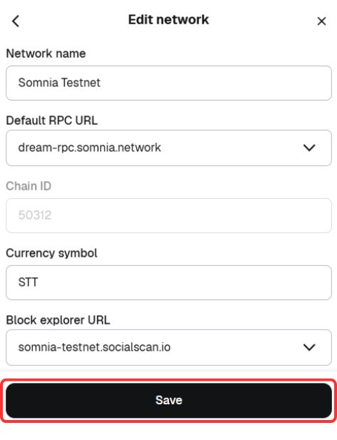 Save Somnia Testnet network settings in MetaMask