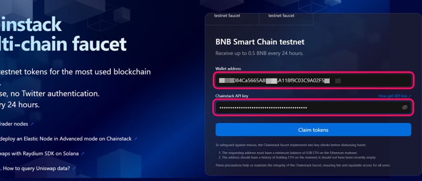 tBNB Wallet & API key