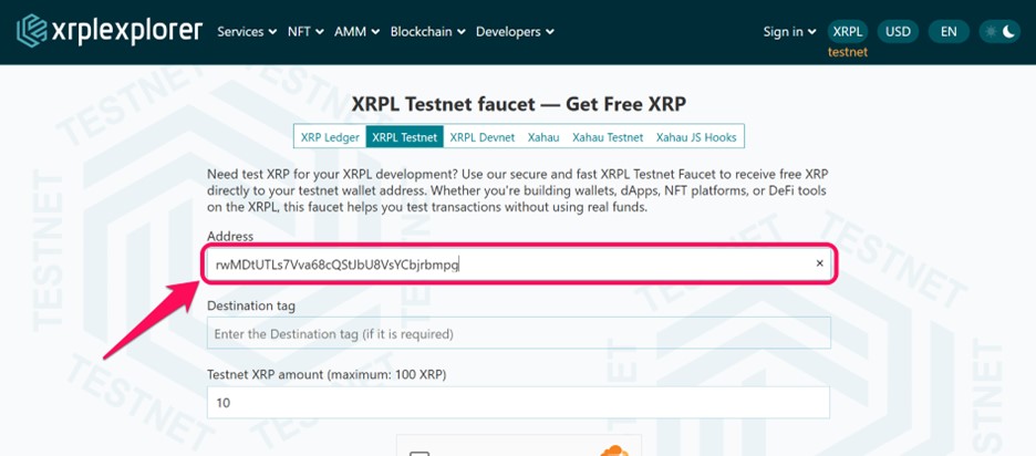 Enter XRP Testnet Address
