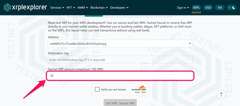 Enter XRP Testnet Amount